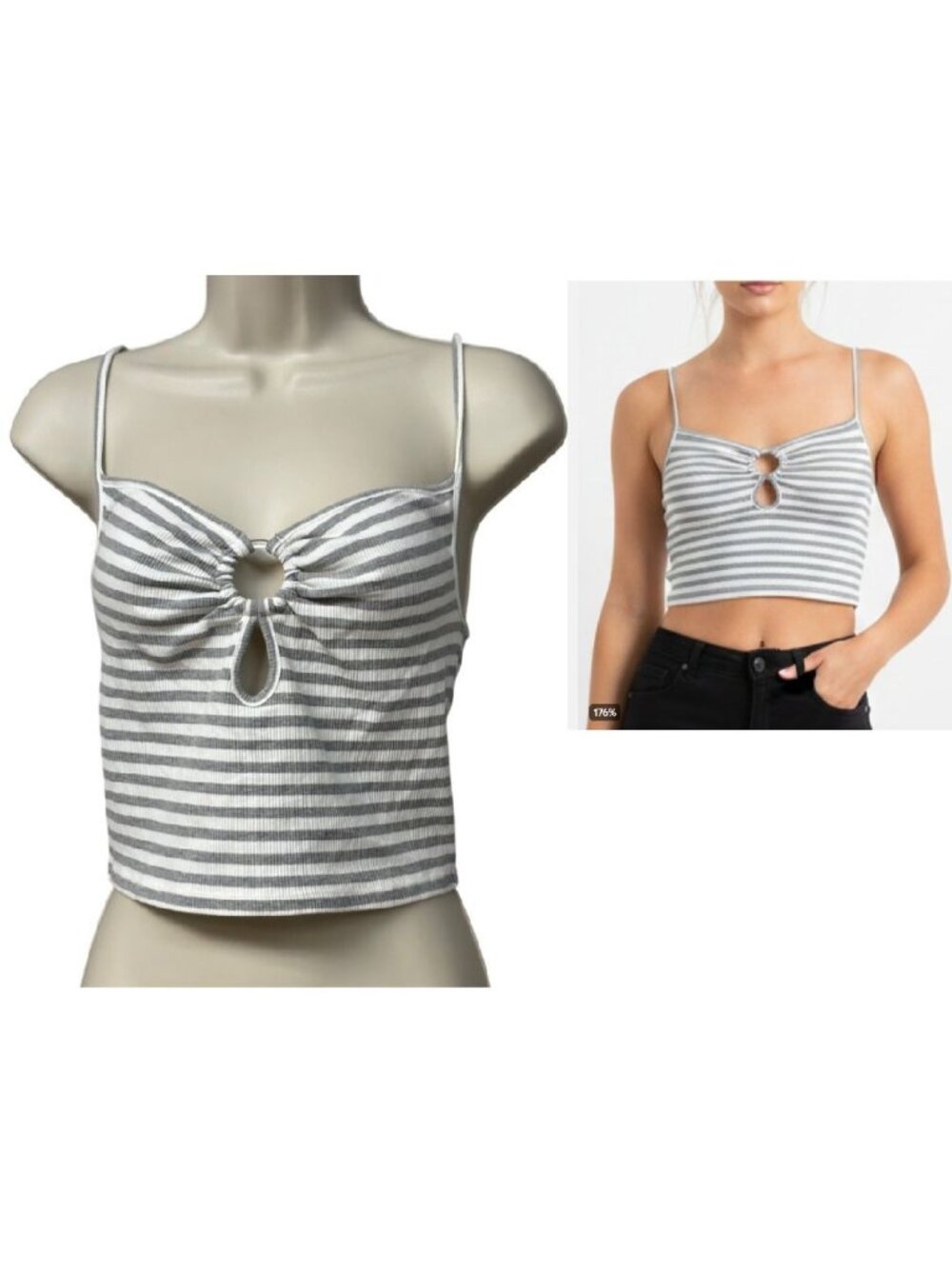 Elodie Women’s Keyhole-front, Ribbed, Cropped tank top, Gray/ Off White, Sz. XS